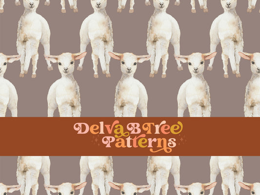 Watercolor lambs on a taupe cinereous background seamless file for fabric printing. Gender Neutral retro earth tone baby sheep Repeat Pattern for textiles, polymailers, baby boy lovey blankets, nursery crib bedding, kids clothing, girls hair accessories, home decor accents, pet products.