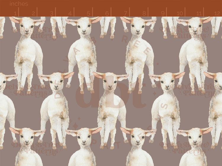 Watercolor baby sheep on a taupe cinereous background seamless pattern scale for small shops that make handmade products in small batches with spring farm animal digital files.