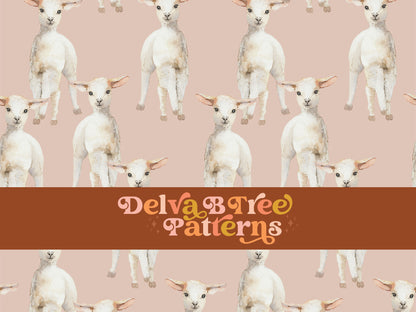 Watercolor lambs on a blush pink background seamless file for fabric printing. Retro earth tone baby sheep Repeat Pattern for textiles, polymailers, baby girl lovey blankets, nursery crib bedding, kids clothing, girls hair accessories, home decor accents, pet products.