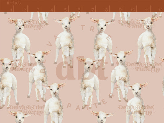 Watercolor baby sheep on a blush pink background seamless pattern scale for small shops that make handmade products in small batches with spring farm animal digital files.
