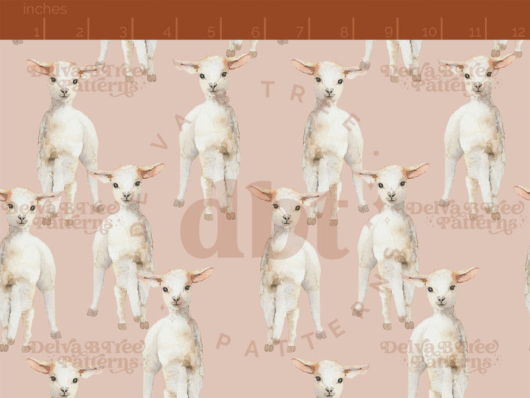 Watercolor baby sheep on a blush pink background seamless pattern scale for small shops that make handmade products in small batches with spring farm animal digital files.