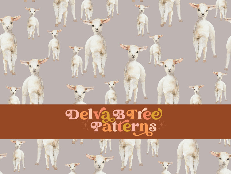 Watercolor lambs on a gray background seamless file for fabric printing. Gender Neutral retro look Baby Sheep Repeat Pattern for textiles, polymailers, baby boy lovey blankets, nursery crib bedding, kids clothing, girls hair accessories, home decor accents, pet products.