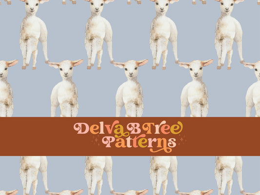 Watercolor lambs on a pastel blue background seamless file for fabric printing. Retro look Baby Sheep Repeat Pattern for textiles, polymailers, baby boy lovey blankets, nursery crib bedding, kids clothing, girls hair accessories, home decor accents, pet products.