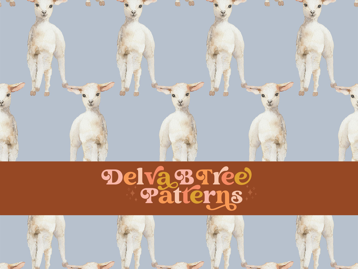 Watercolor lambs on a pastel blue background seamless file for fabric printing. Retro look Baby Sheep Repeat Pattern for textiles, polymailers, baby boy lovey blankets, nursery crib bedding, kids clothing, girls hair accessories, home decor accents, pet products.