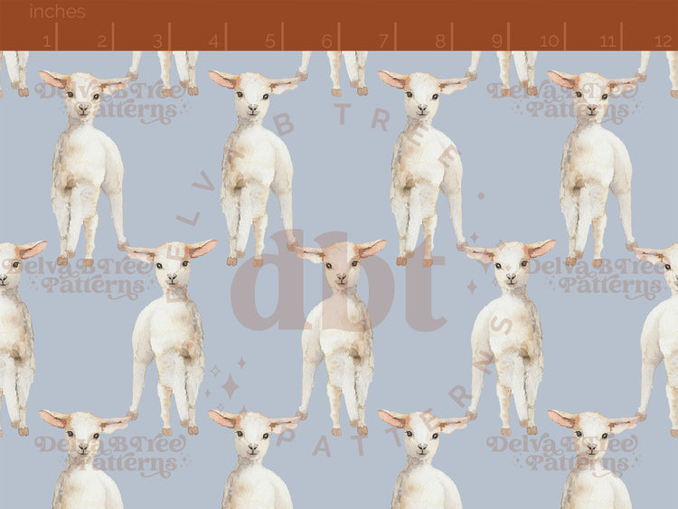 Watercolor baby sheep on a pastel blue background seamless pattern scale for small shops that make handmade products in small batches with spring farm animal digital files.