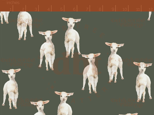 Watercolor baby sheep on a thyme green background seamless pattern scale for small shops that make handmade products in small batches with spring farm animal digital files.