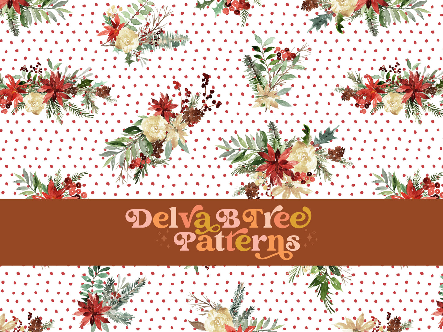 Tossed red watercolor poinsettias, off white flowers, pinecones, holly leaves, mistletoe and winter berries on red polka dots seamless file for fabric printing. Christmas Floral Repeat Pattern for textiles, polymailers, baby boy lovey blankets, nursery crib bedding, kids clothing, girls hair accessories, home decor accents, pet products.