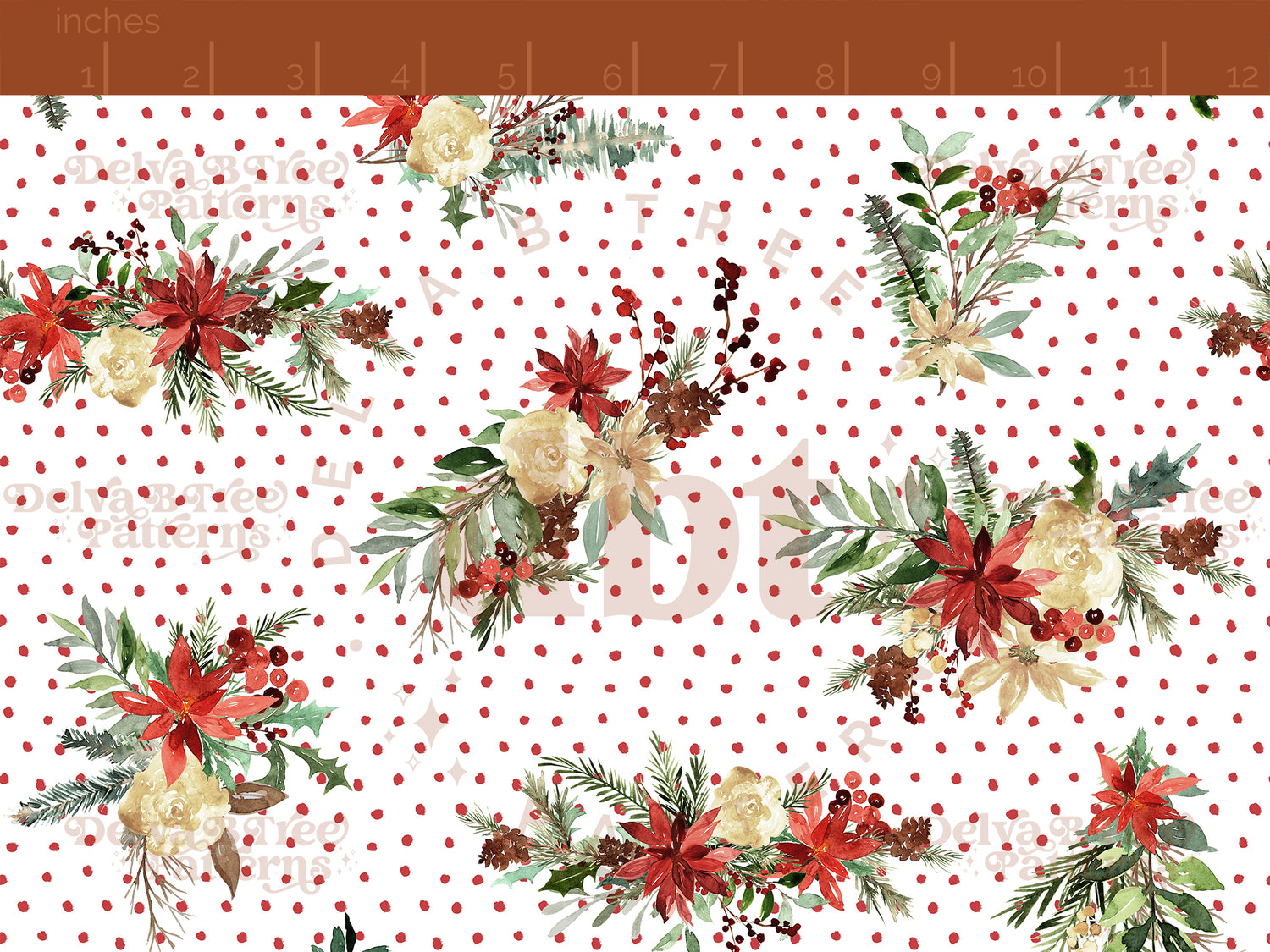 Tossed red watercolor poinsettias, off white flowers, pinecones, holly leaves, mistletoe and winter berries on red polka dots seamless pattern scale, digital file for small shops that make handmade products in small batches.