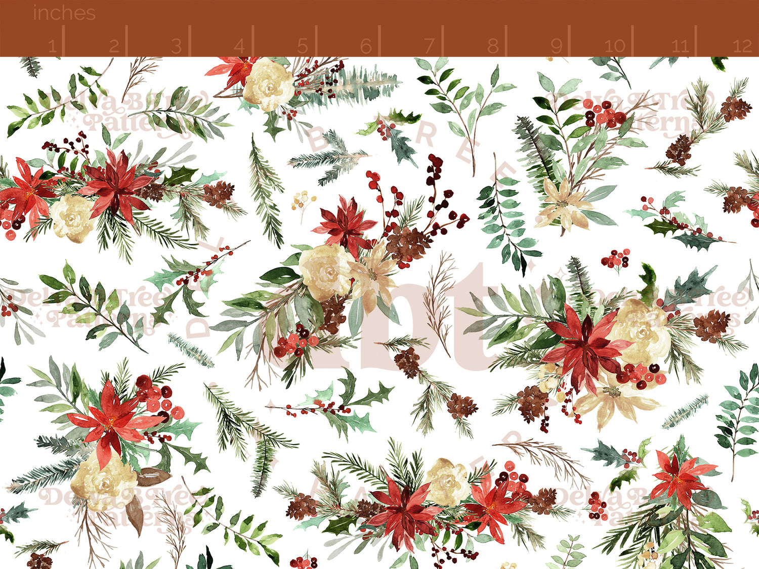 Tossed red watercolor poinsettias, off white flowers, pinecones, holly leaves, mistletoe and winter berries seamless pattern scale, digital file for small shops that make handmade products in small batches.