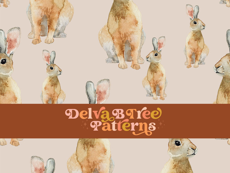 Watercolor bunny rabbits on a muted tan background seamless file for fabric printing. Gender Neutral retro look Bunnies Repeat Pattern for textiles, polymailers, baby boy lovey blankets, nursery crib bedding, kids clothing, girls hair accessories, home decor accents, pet products.