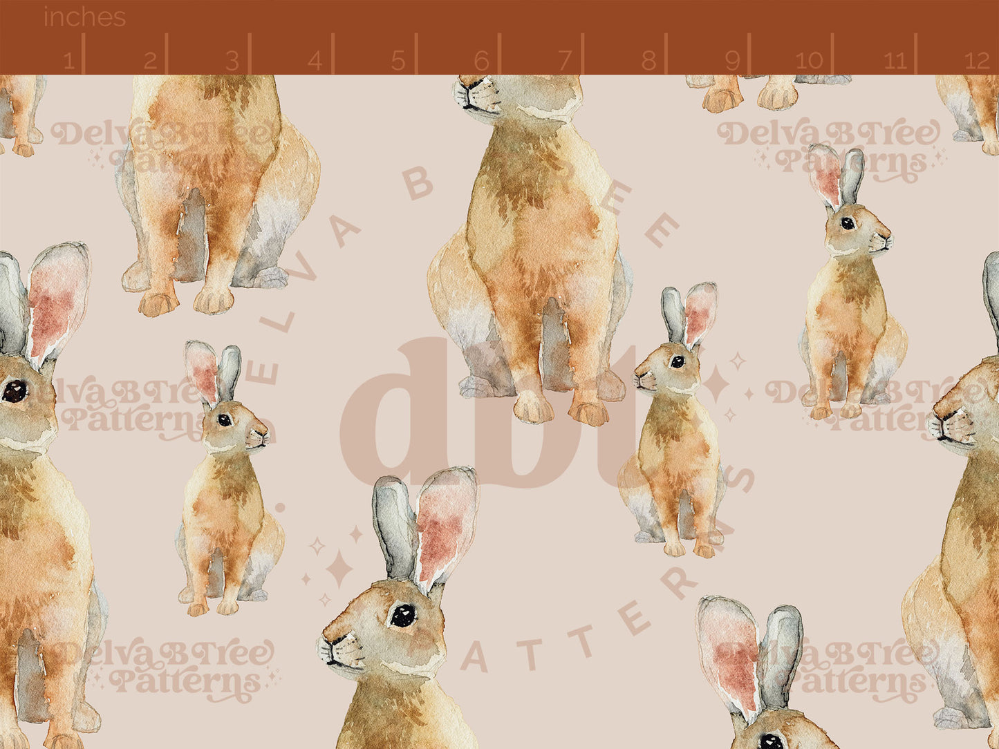 Watercolor bunnies on a muted tan background seamless pattern scale digital file for small shops that make handmade products in small batches.