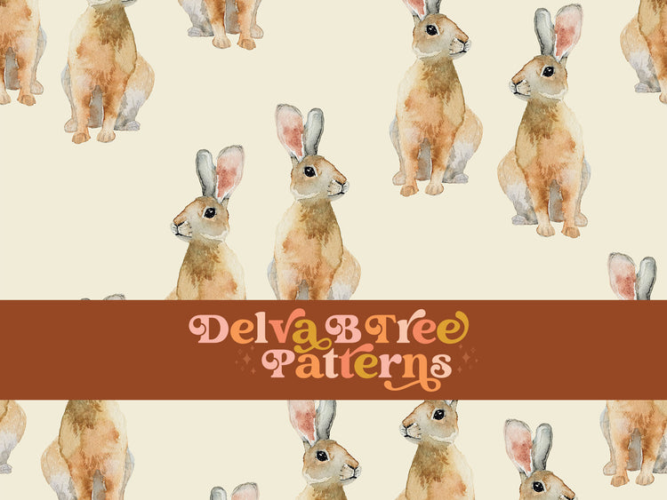 Watercolor bunny rabbits on an antique white background seamless file for fabric printing. Gender Neutral retro look Bunnies Repeat Pattern for textiles, polymailers, baby boy lovey blankets, nursery crib bedding, kids clothing, girls hair accessories, home decor accents, pet products.