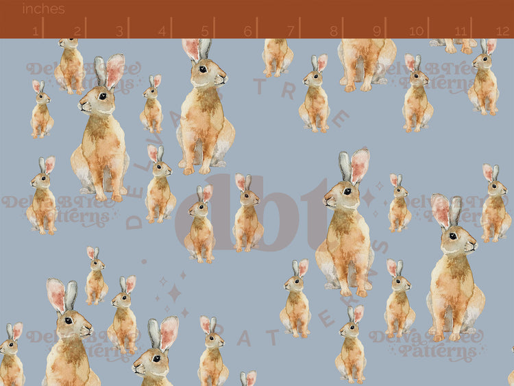 Watercolor bunnies on a cadet blue background seamless pattern scale digital file for small shops that make handmade products in small batches.