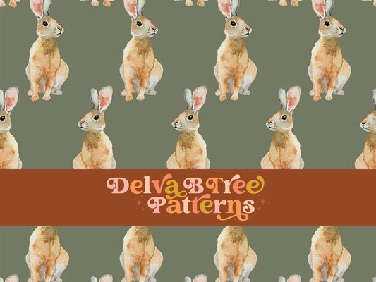Watercolor bunny rabbits on a camouflage green background seamless file for fabric printing. Gender Neutral retro look Bunnies Repeat Pattern for textiles, polymailers, baby boy lovey blankets, nursery crib bedding, kids clothing, girls hair accessories, home decor accents, pet products.
