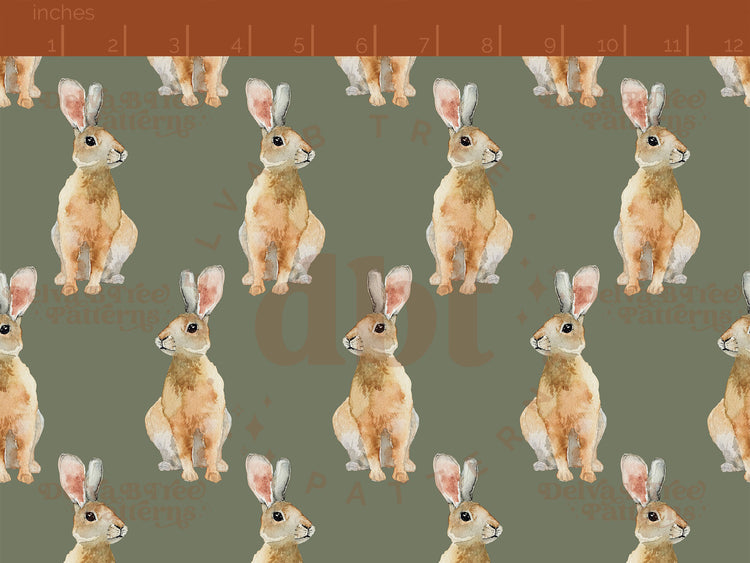 Watercolor bunnies on a camouflage green background seamless pattern scale digital file for small shops that make handmade products in small batches.