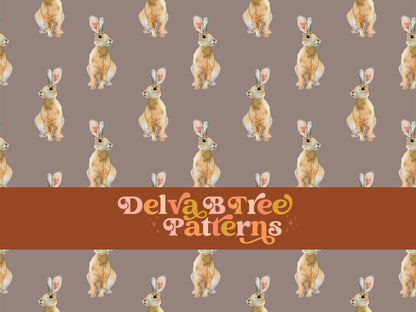 Watercolor bunny rabbits on a taupe cinereous background seamless file for fabric printing. Gender Neutral retro earth tone Bunnies Repeat Pattern for textiles, polymailers, baby boy lovey blankets, nursery crib bedding, kids clothing, girls hair accessories, home decor accents, pet products.