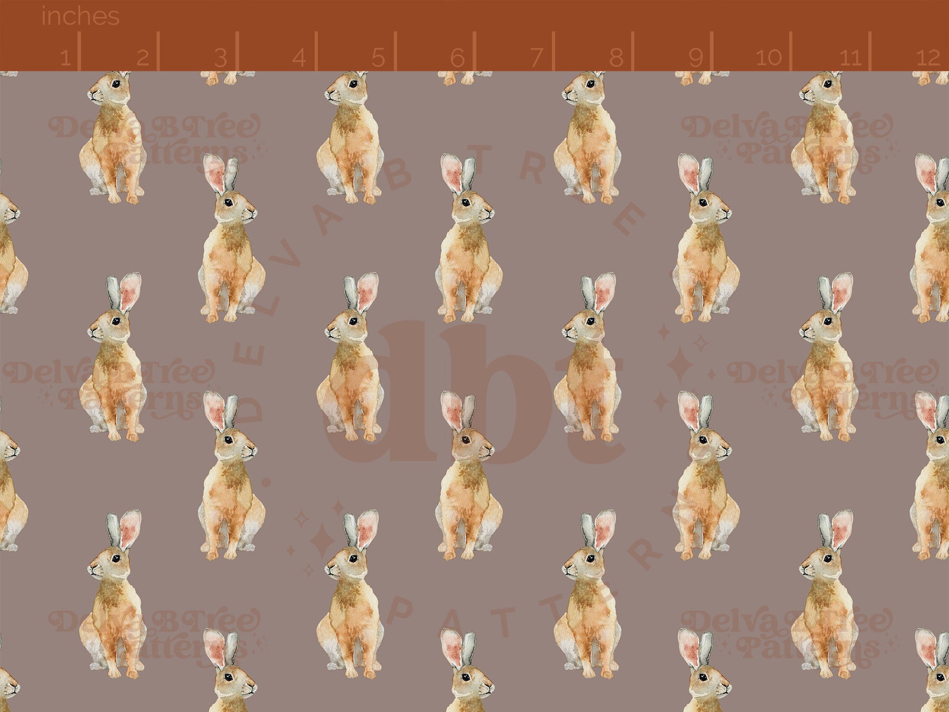 Watercolor bunnies on a taupe cinereous background seamless pattern scale digital file for small shops that make handmade products in small batches.