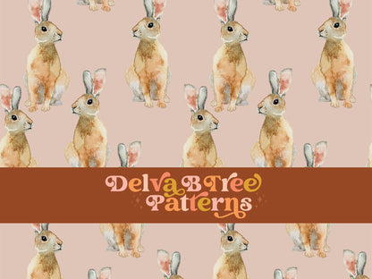 Watercolor bunny rabbits on a blush pink background seamless file for fabric printing. Retro look Bunnies Repeat Pattern for textiles, polymailers, baby girl lovey blankets, nursery crib bedding, kids clothing, girls hair accessories, home decor accents, pet products.