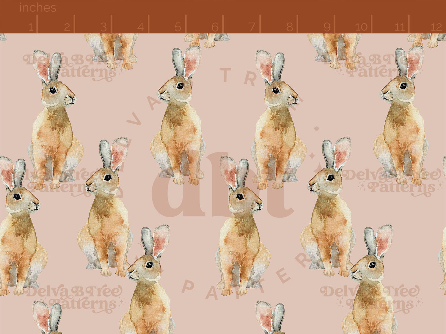 Watercolor bunnies on a blush pink background seamless pattern scale digital file for small shops that make handmade products in small batches.