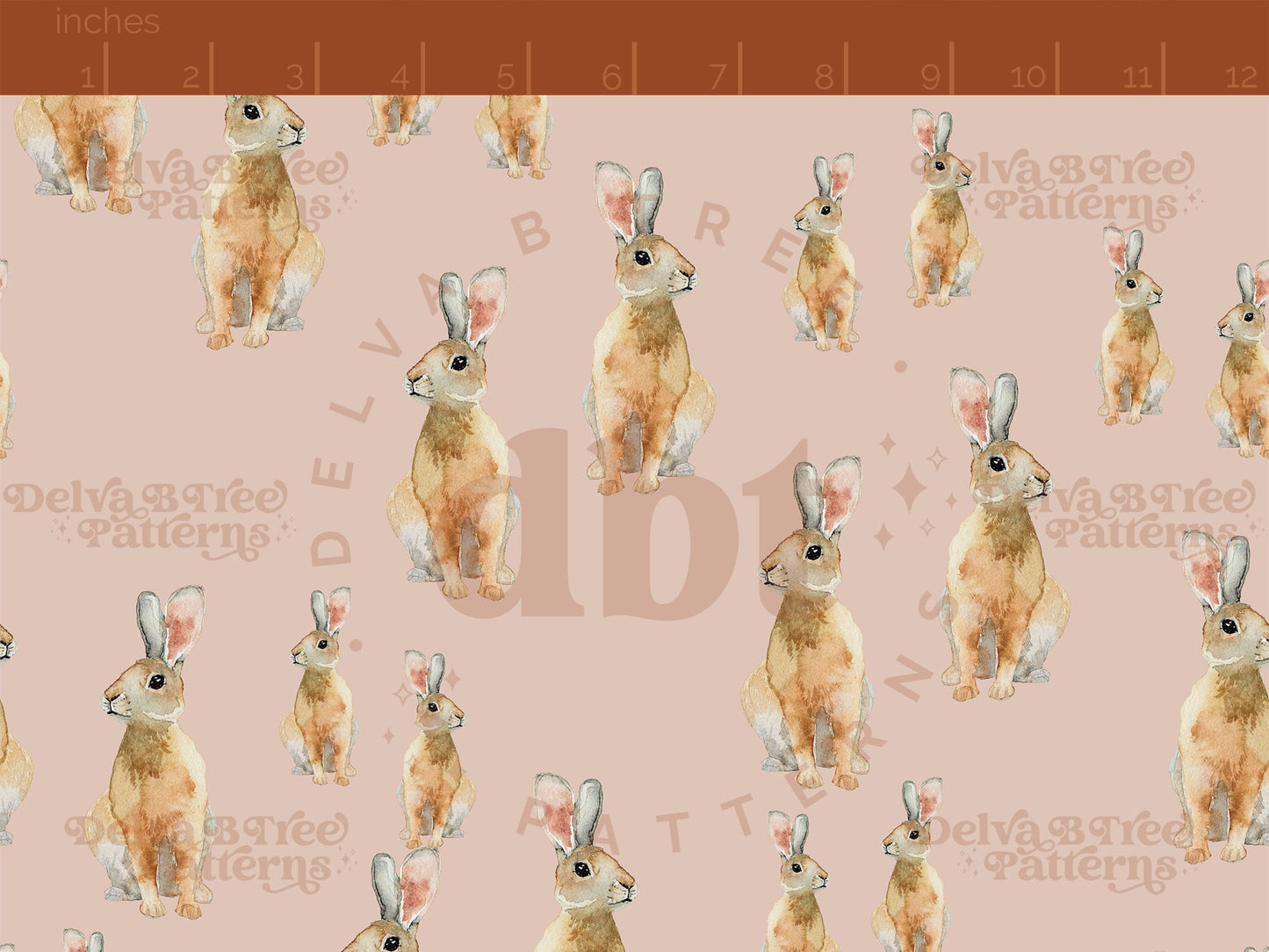 Watercolor bunnies on a blush pink background seamless pattern scale digital file for small shops that make handmade products in small batches.