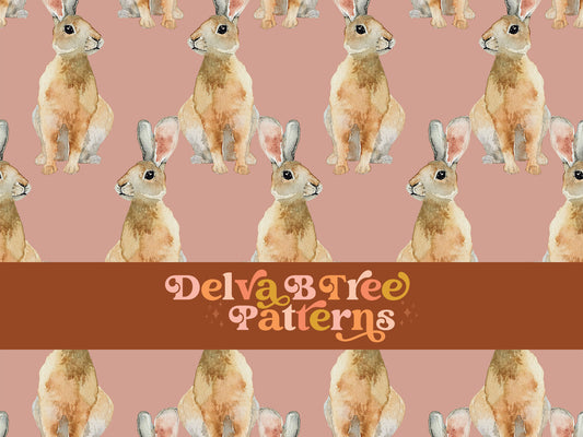 Watercolor bunny rabbits on a dusty rose background seamless file for fabric printing. Retro look earth tone Bunnies Repeat Pattern for textiles, polymailers, baby girl lovey blankets, nursery crib bedding, kids clothing, girls hair accessories, home decor accents, pet products.