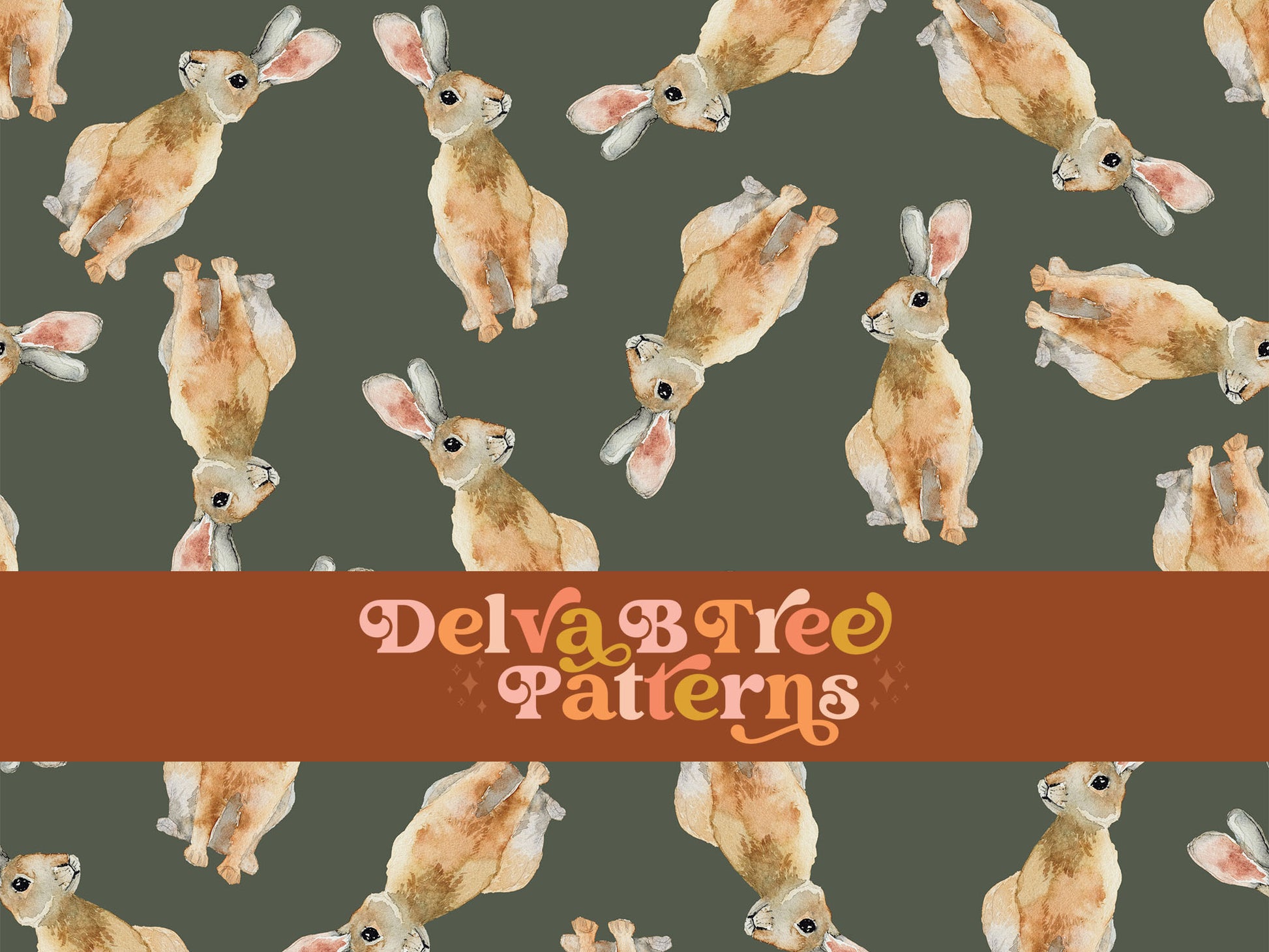 Watercolor bunny rabbits on a thyme green background seamless file for fabric printing. Gender Neutral retro look Bunnies Repeat Pattern for textiles, polymailers, baby boy lovey blankets, nursery crib bedding, kids clothing, girls hair accessories, home decor accents, pet products.
