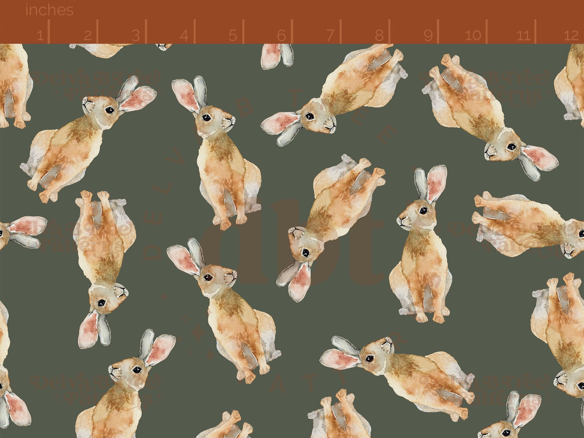 Watercolor bunnies on a thyme green background seamless pattern scale digital file for small shops that make handmade products in small batches.