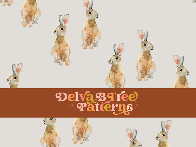 Watercolor bunny rabbits on a pale gray background seamless file for fabric printing. Gender Neutral retro look Bunnies Repeat Pattern for textiles, polymailers, baby boy lovey blankets, nursery crib bedding, kids clothing, girls hair accessories, home decor accents, pet products.
