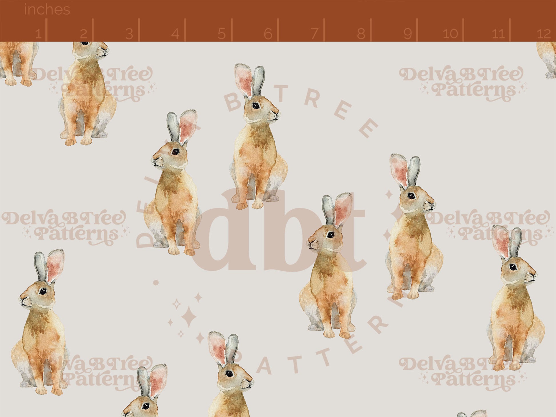 Watercolor bunnies on a pale gray background seamless pattern scale digital file for small shops that make handmade products in small batches.