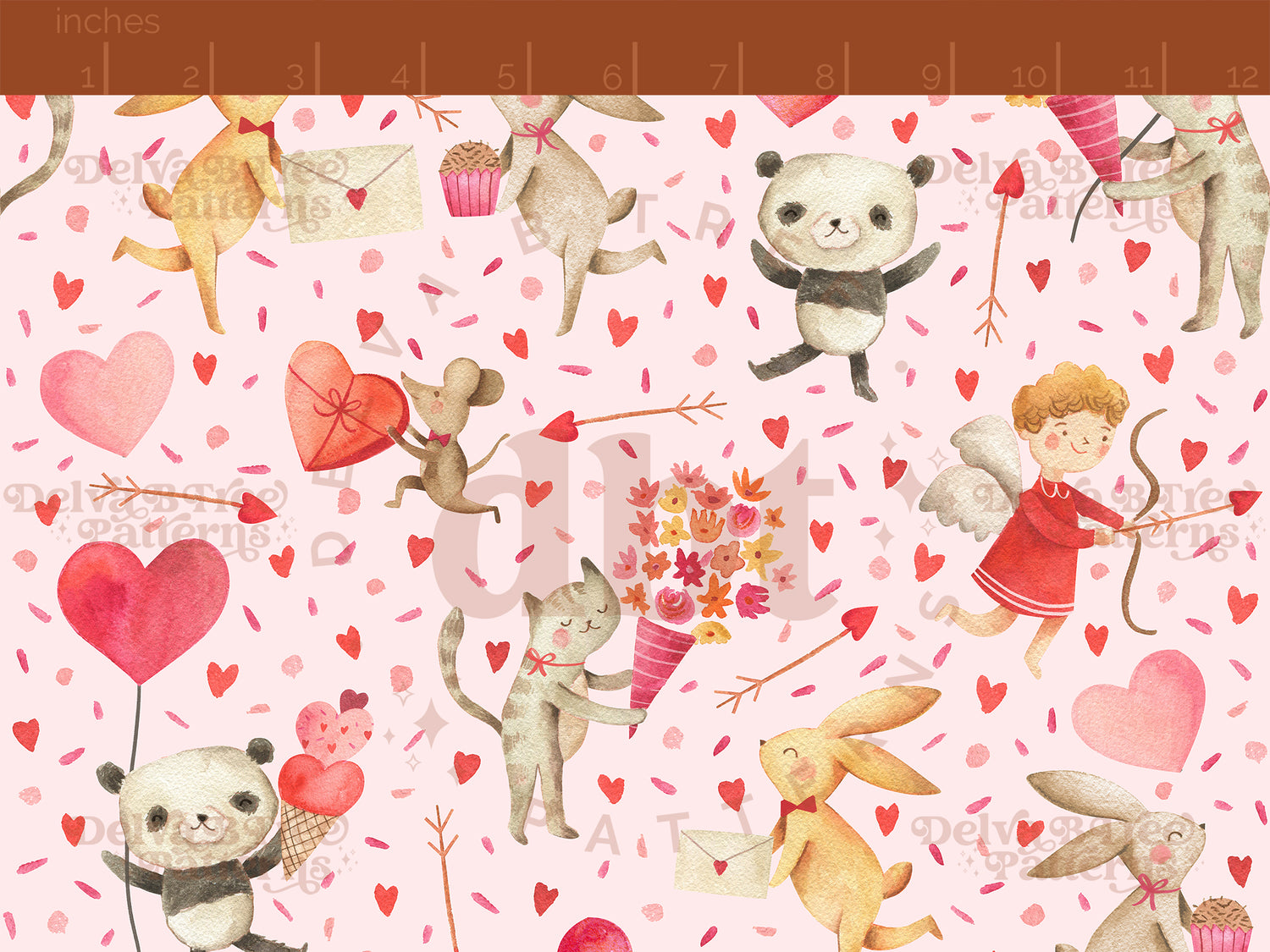 Watercolor cat, mouse, panda, cupid, bunnies, hearts, flowers and arrows sprinkled with fun bits of confetti on a pink seamless pattern scale, digital file for small shops that make handmade products in small batches.