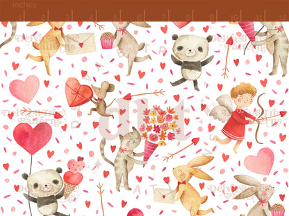 Watercolor cat, mouse, panda, cupid, bunnies, hearts, flowers and arrows sprinkled with fun bits of confetti seamless pattern scale, digital file for small shops that make handmade products in small batches.
