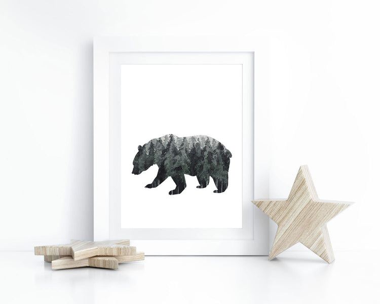 Watercolor Forest Bear Silhouette Printable Wall Art, Digital Download