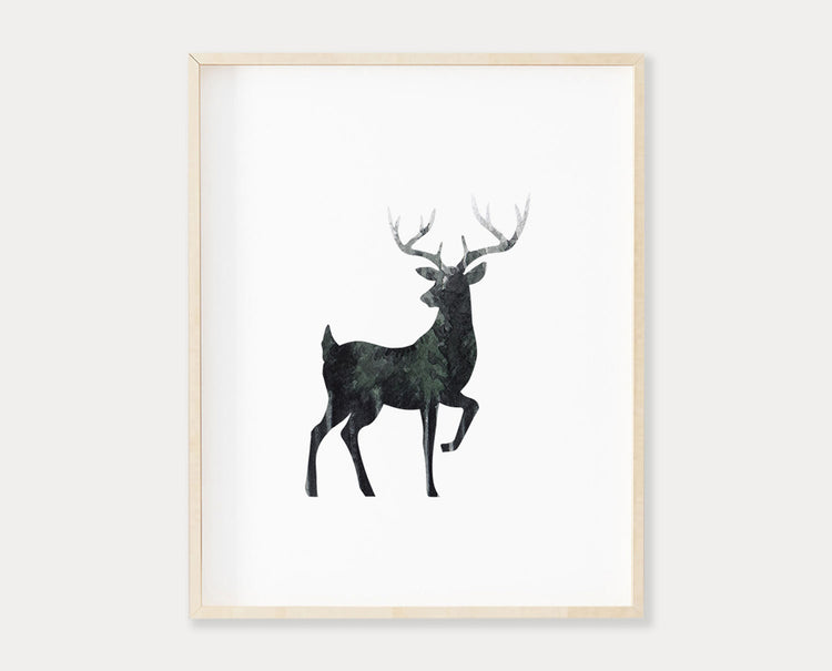 Watercolor Forest Moose Bear and Buck Silhouette Set of 3 Printable Wall Art, Digital Download