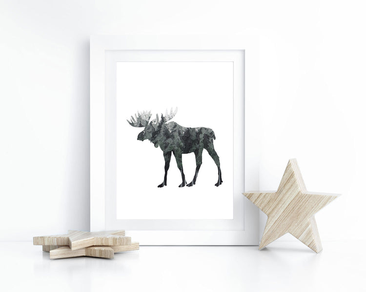 Watercolor Forest Moose Side Silhouette Printable Wall Art, Digital Download