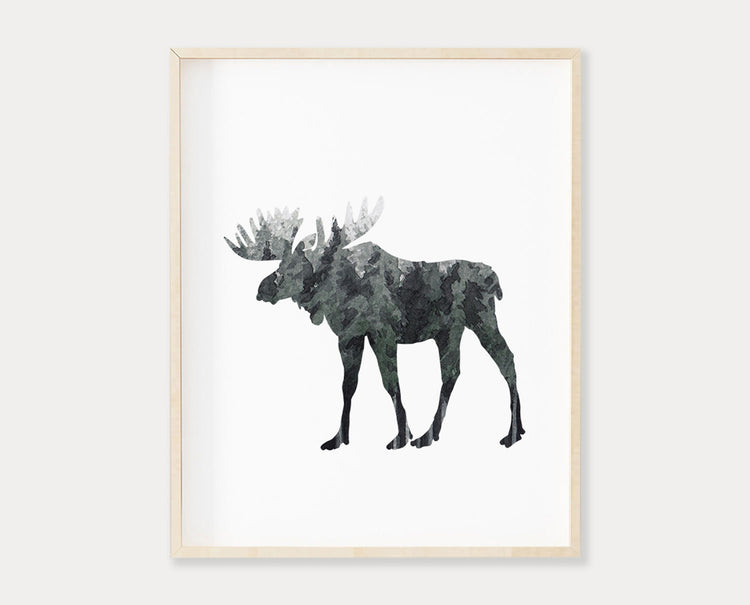 Watercolor Forest Moose Side Silhouette Printable Wall Art, Digital Download