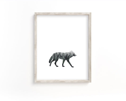 Watercolor Forest Wolf Silhouette Printable Wall Art, Digital Download