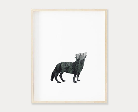 Watercolor Forest Wolf Silhouette Set of 2 Printable Wall Art, Digital Download