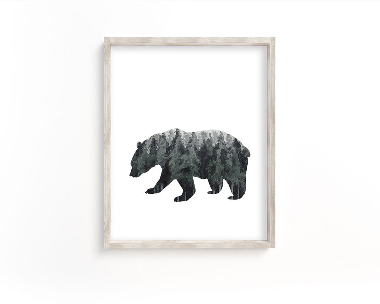 Watercolor Forest Bear Silhouette Printable Wall Art, Digital Download