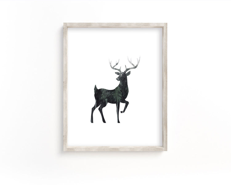 Watercolor Forest Buck Silhouette Printable Wall Art, Digital Download