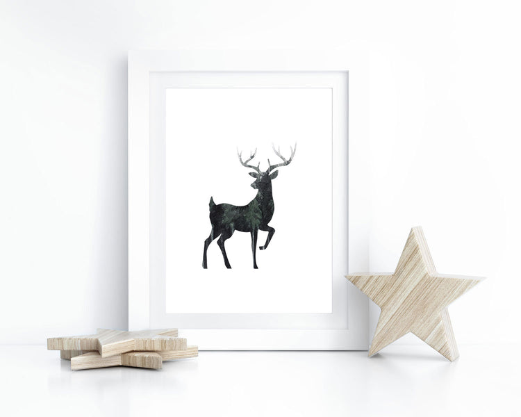 Watercolor Forest Buck Silhouette Printable Wall Art, Digital Download