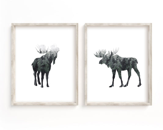 Watercolor Forest Moose Silhouette Set of 2 Printable Wall Art, Digital Download