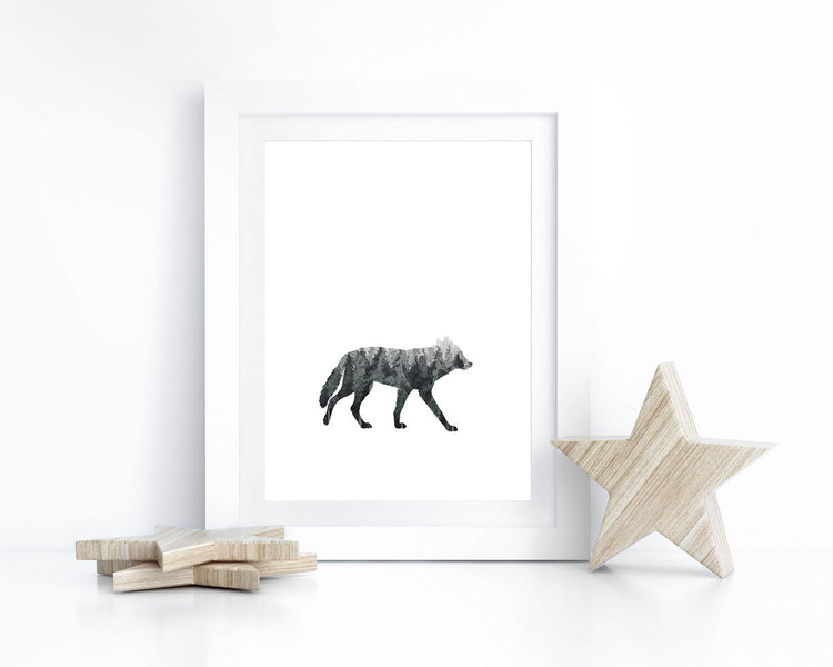 Watercolor Forest Wolf Silhouette Printable Wall Art, Digital Download