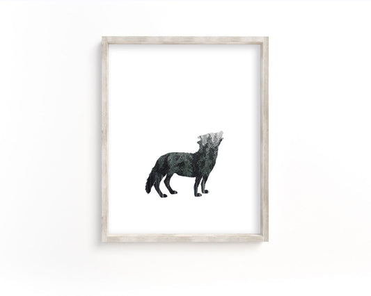 Watercolor Forest Wolf Howling Silhouette Printable Wall Art, Digital Download