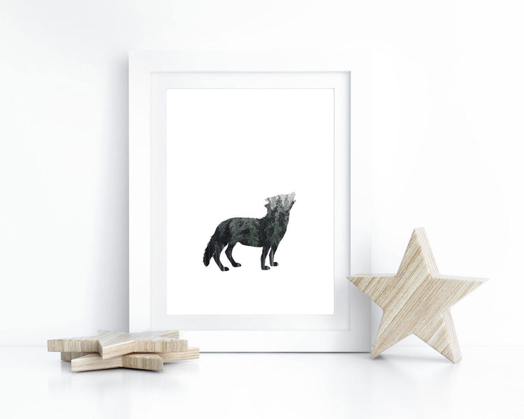 Watercolor Forest Wolf Howling Silhouette Printable Wall Art, Digital Download