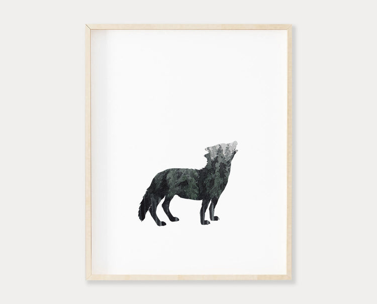 Watercolor Forest Moose Buck Wolf and Bear Silhouette Set of 4 Printable Wall Art, Digital Download
