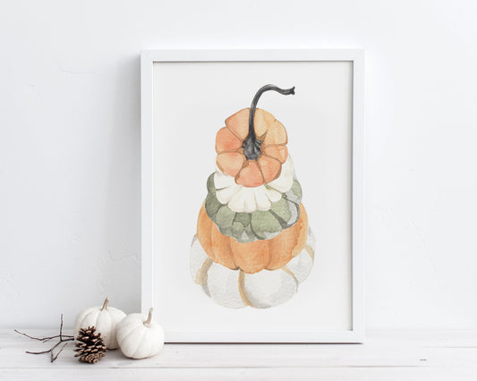 Watercolor Stacked Pumpkins Printable Wall Art, Gourd Art Digital Download