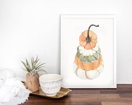 Watercolor Stacked Pumpkins Printable Wall Art, Gourd Art Digital Download