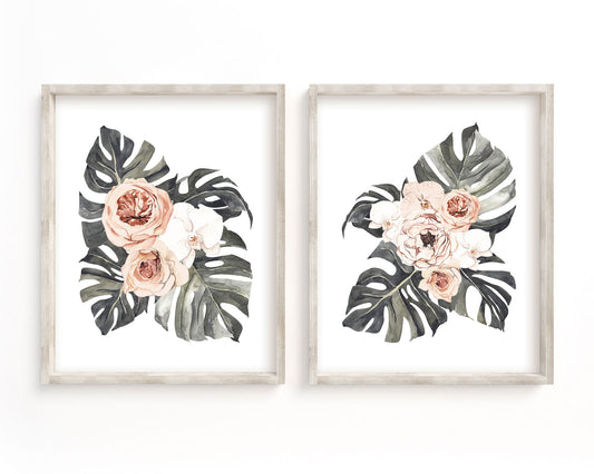 Floral Monstera Leaf Set of 2 Printable Wall Art, Digital Download