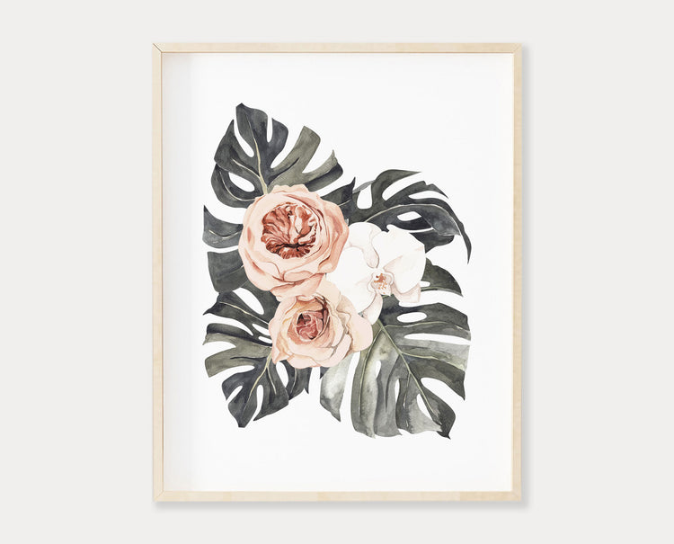 Floral Monstera Leaf Set of 3 Printable Wall Art, Digital Download
