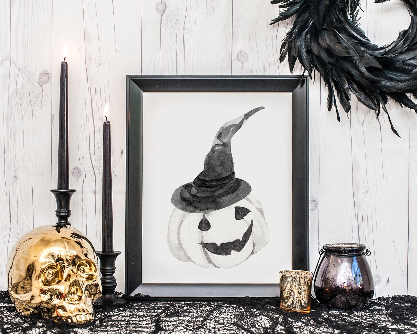 White Jack O Lantern Halloween Printable Wall Art, Digital Download